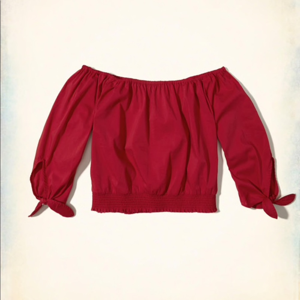 Tie up sleeve red off the shoulder shirt - Picture 2 of 6